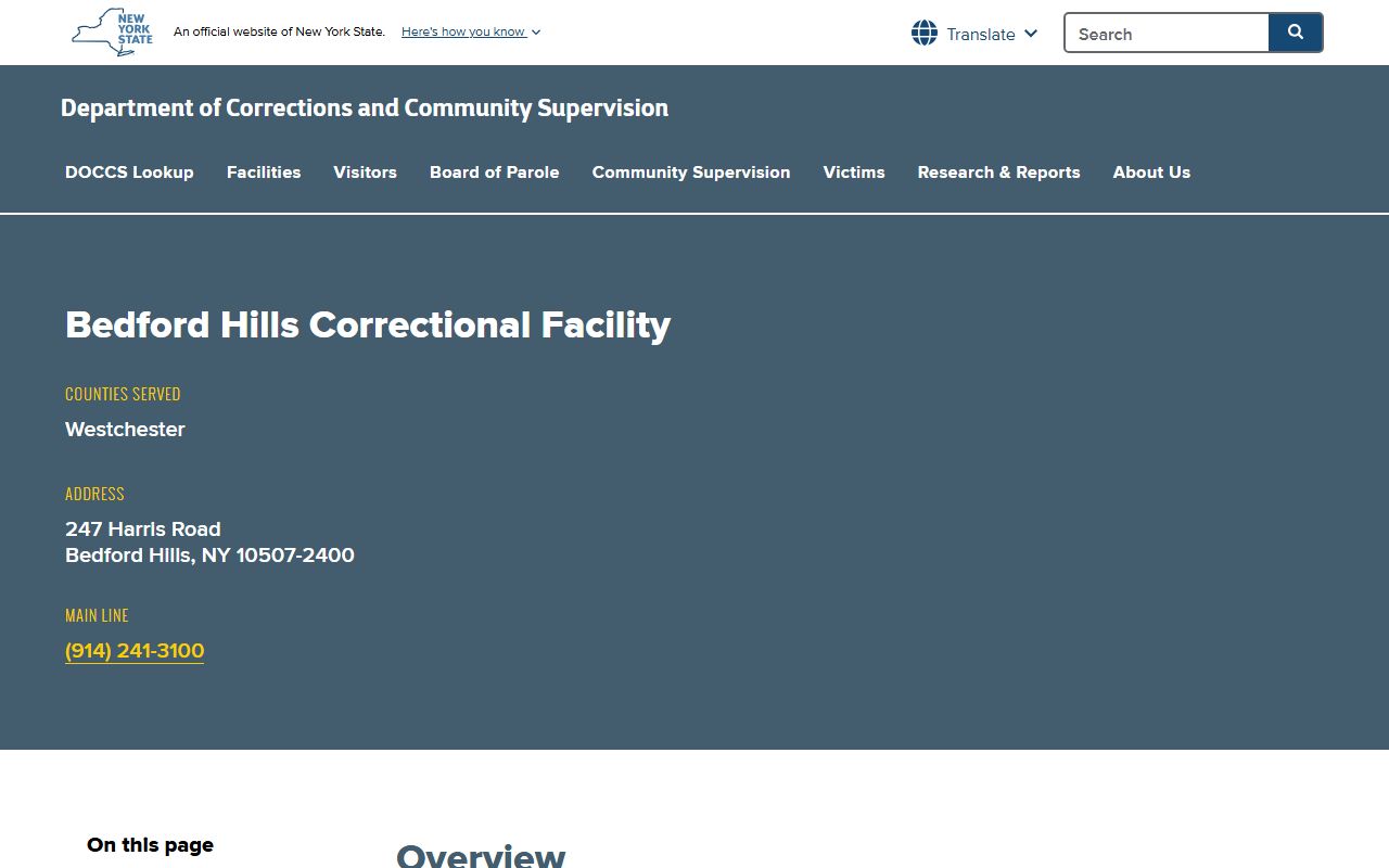 Bedford Hills Correctional Facility DOCCS inmate search and visitation page
