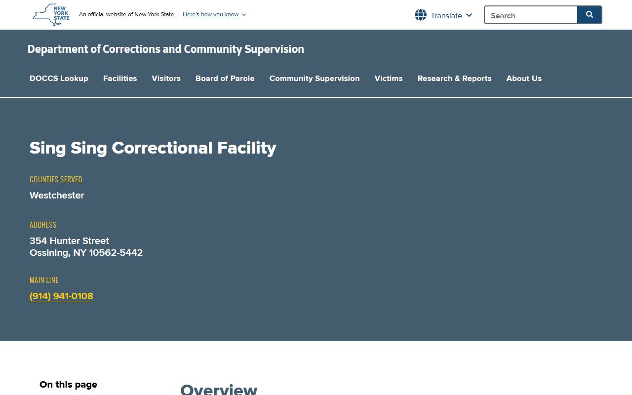 Sing Sing Correctional Facility DOCCS inmate lookup and visitation page