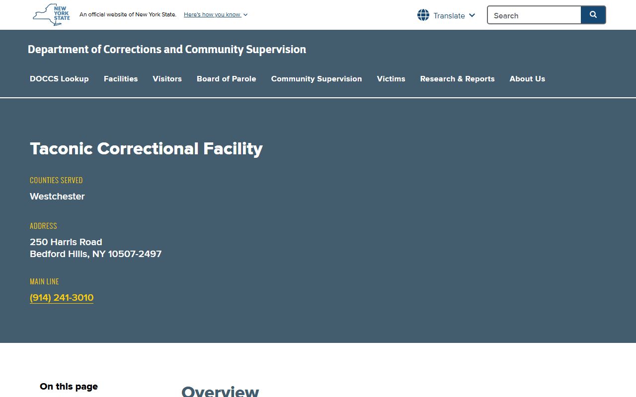 Taconic Correctional Facility DOCCS inmate lookup and visitation page