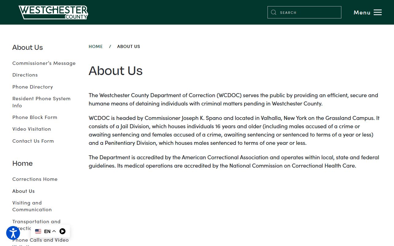 Westchester County Jail overview and inmate custody divisions