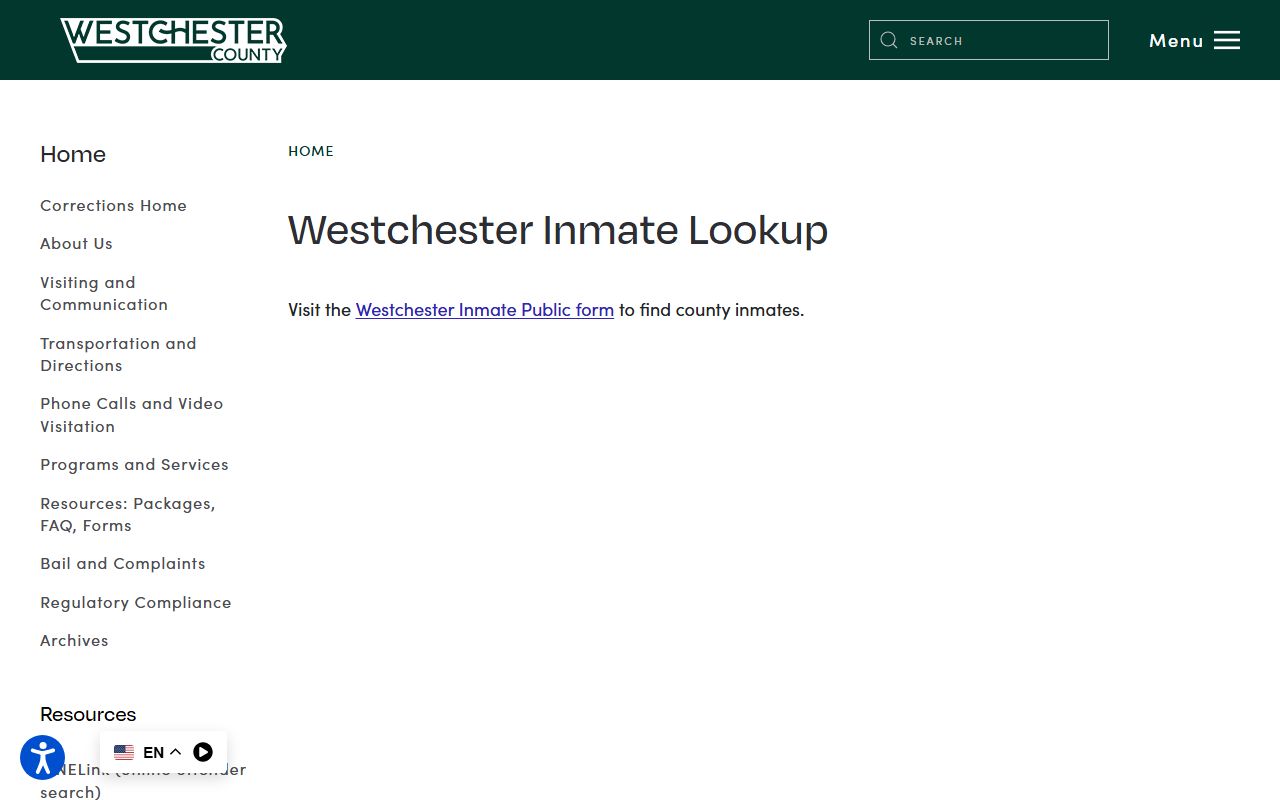 Westchester County inmate lookup page for jail roster search